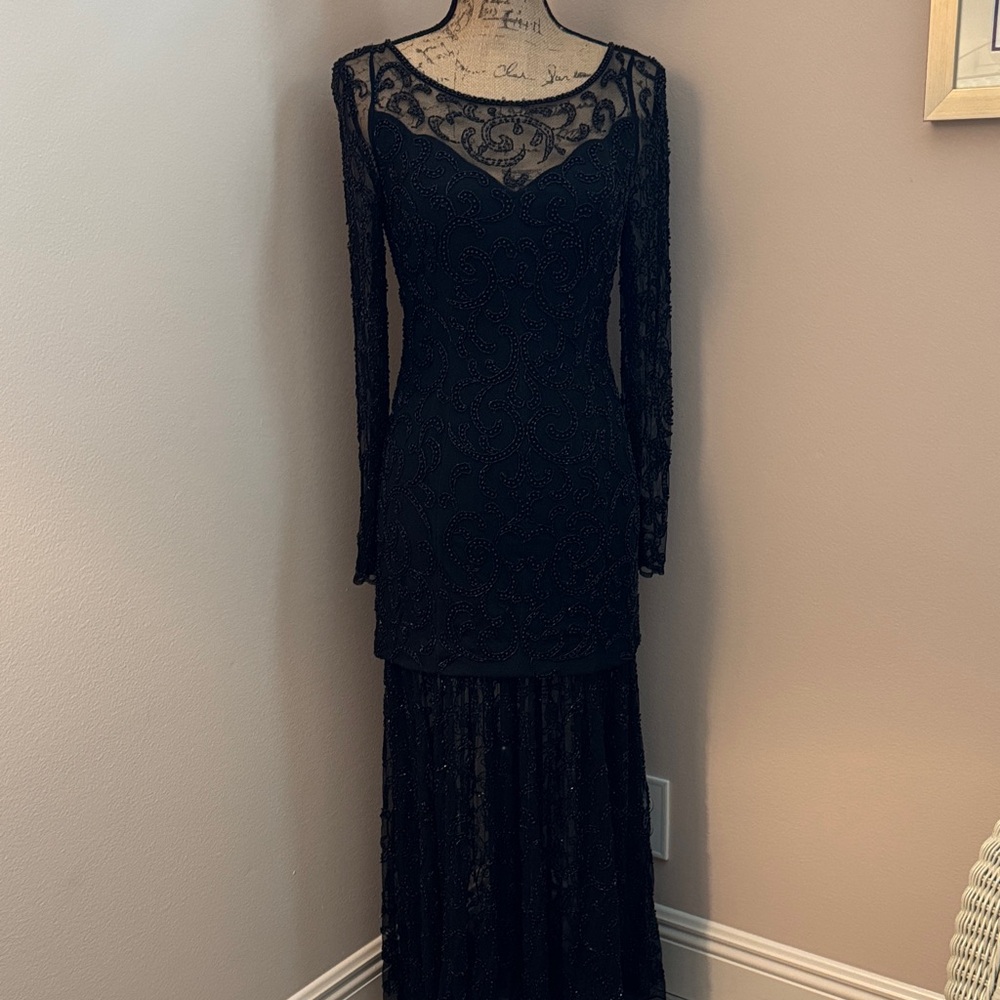 Beaded Black Carmen Marc Valvo Evening Midi/Maxi Dress